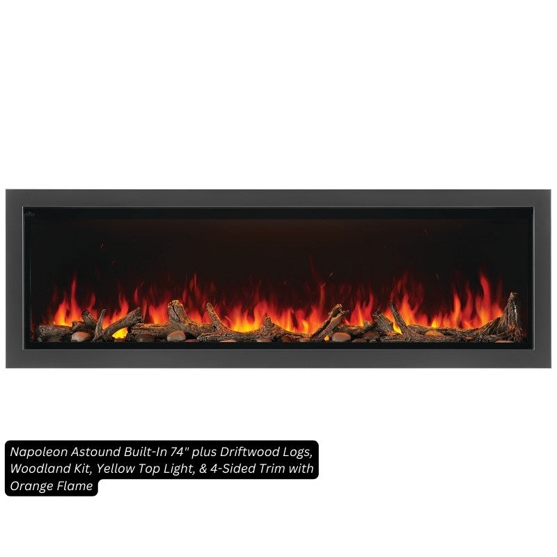 Close-up of the Napoleon Astound 74-inch flame effect and ember media bed