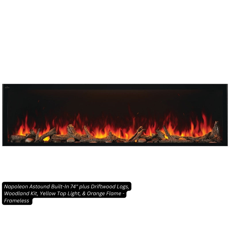 Napoleon Astound 74-inch built-in electric fireplace with Beach Fire logs, Woodland media, orange flame and yellow top light, frameless finish