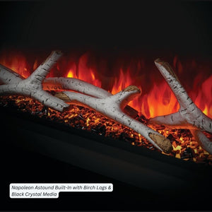 Close-up of birch logs on black crystal media in the Napoleon Astound electric fireplace