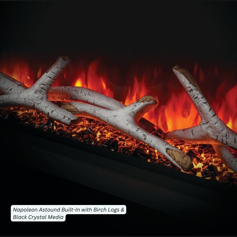 Close-up of birch logs on black crystal media in the Napoleon Astound electric fireplace