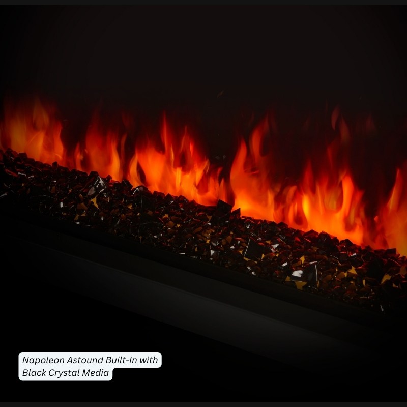 Close-up of black crystal media in the Napoleon Astound electric fireplace ember bed