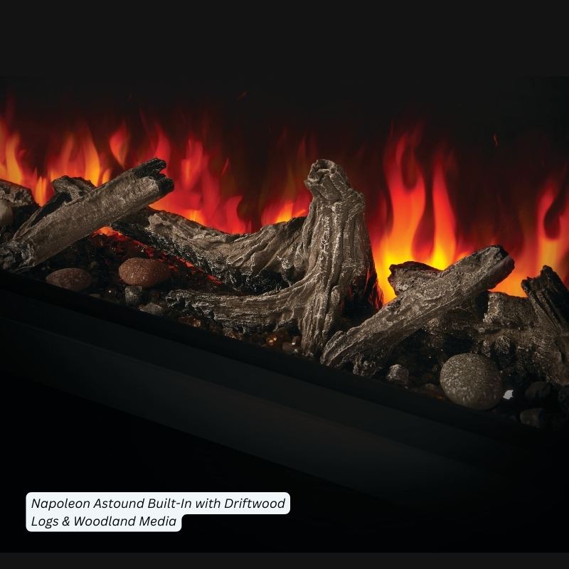 Close-up of Beach Fire logs on Woodland media in the Napoleon Astound electric fireplace