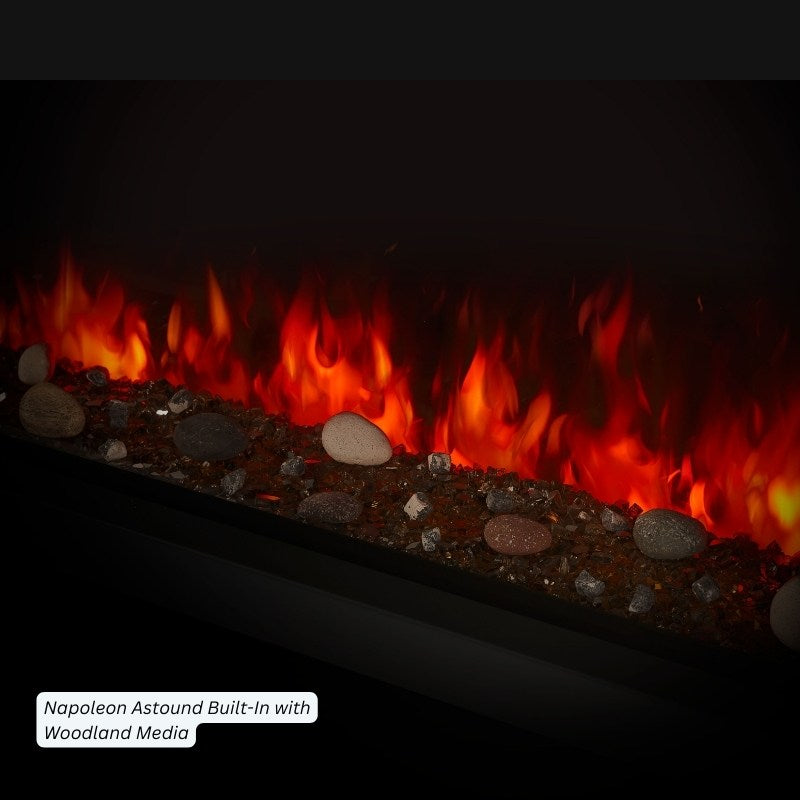 Close-up of Woodland media in the Napoleon Astound electric fireplace ember bed