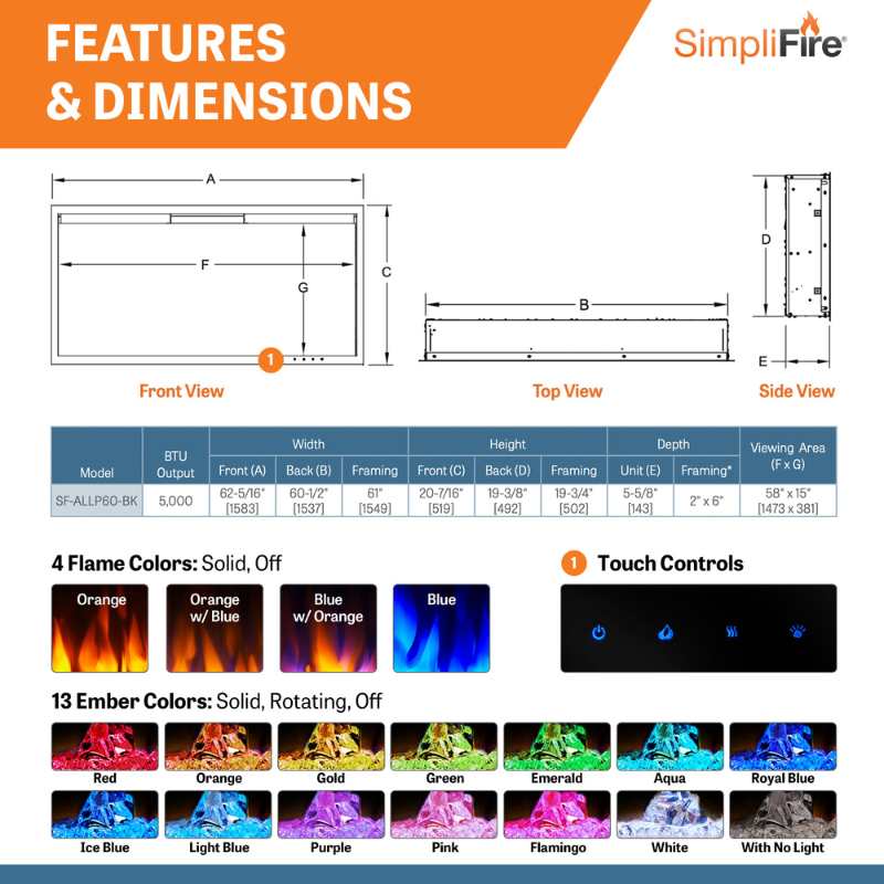 SimpliFire Allusion Platinum 60-inch linear electric fireplace, product view 4