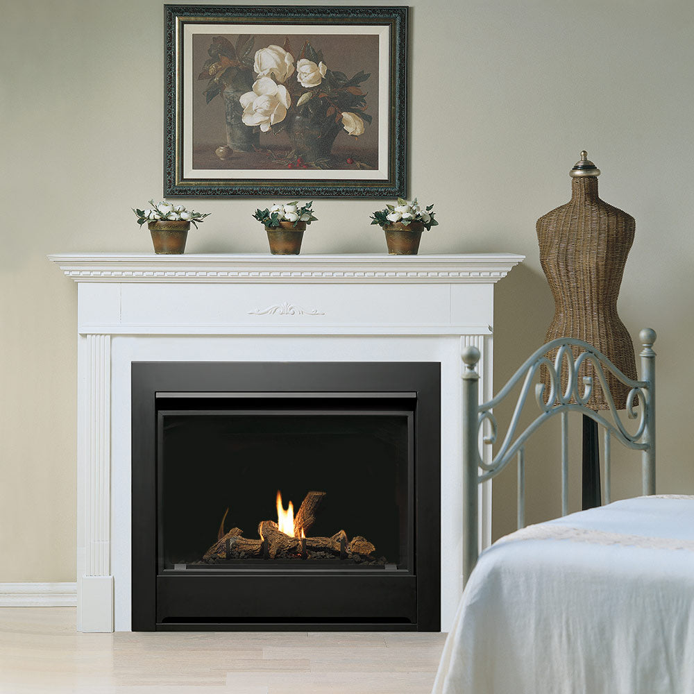 Kingsman Clean View 36-inch zero clearance direct vent gas fireplace with log set and porcelain liner
