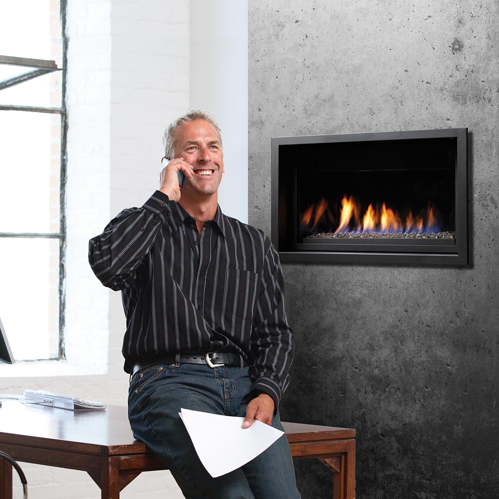 Kingsman Linear 36-inch zero clearance direct vent gas fireplace with linear burner and glass media