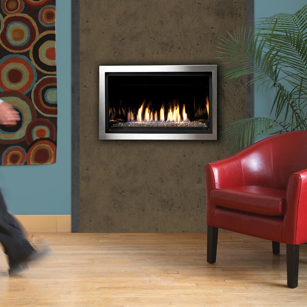 Kingsman Linear 36-inch zero clearance direct vent gas fireplace with linear burner and glass media
