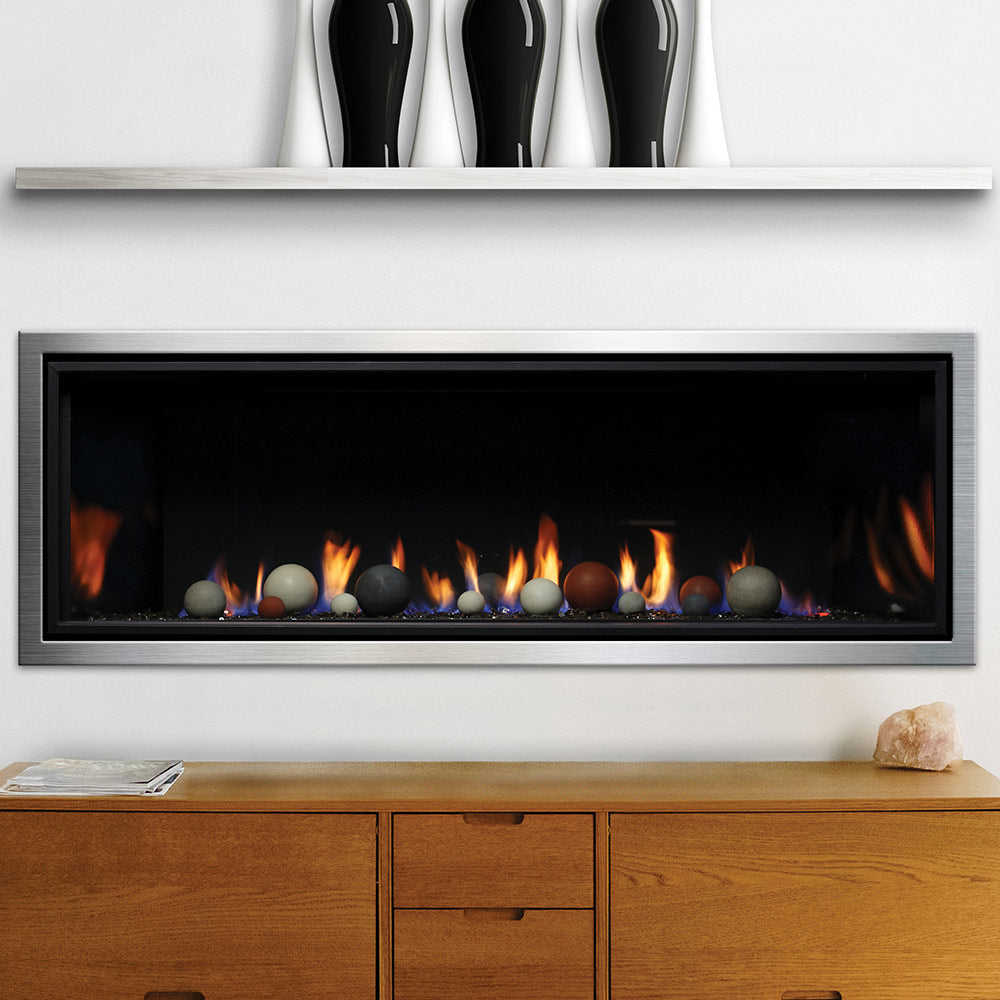 Kingsman Linear 60-inch zero clearance direct vent gas fireplace with wide linear burner and glass media