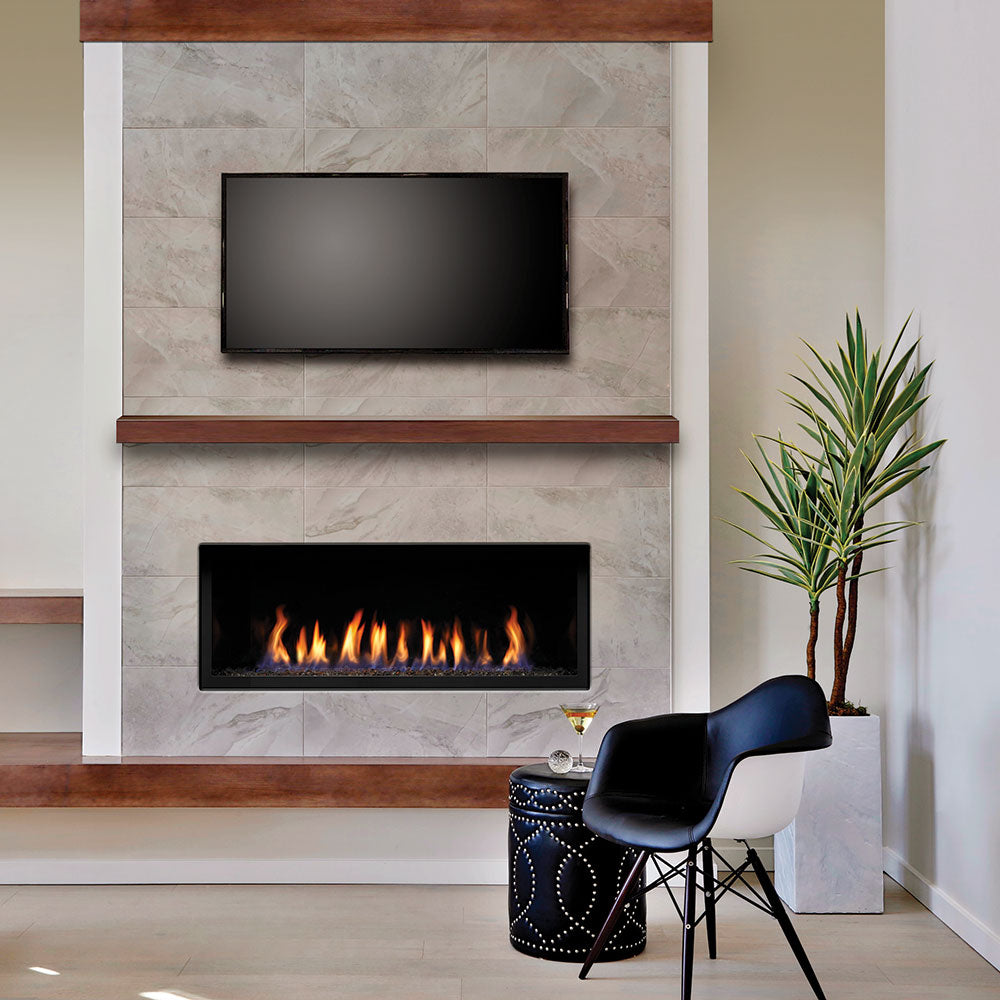 Kingsman Linear 60-inch zero clearance direct vent gas fireplace with wide linear burner and glass media