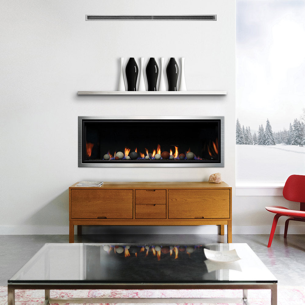 Kingsman Linear 60-inch zero clearance direct vent gas fireplace with wide linear burner and glass media