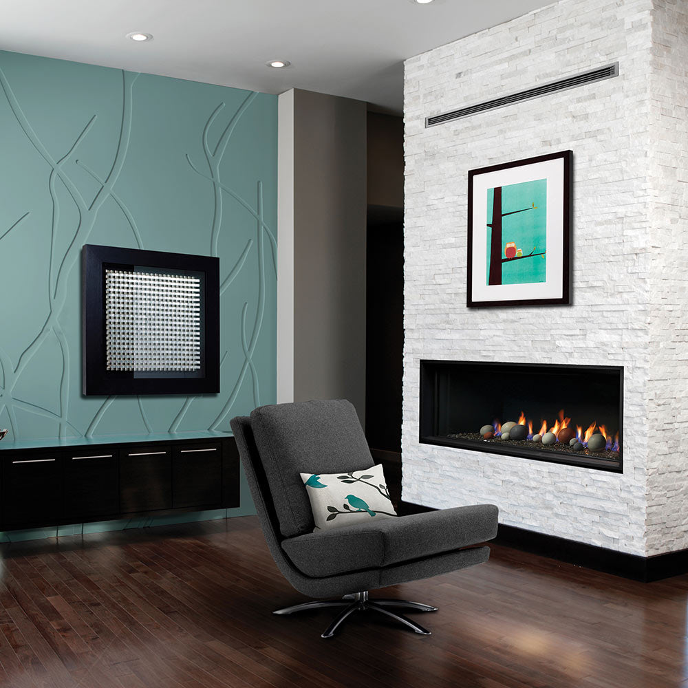 Kingsman Linear 60-inch zero clearance direct vent gas fireplace with wide linear burner and glass media