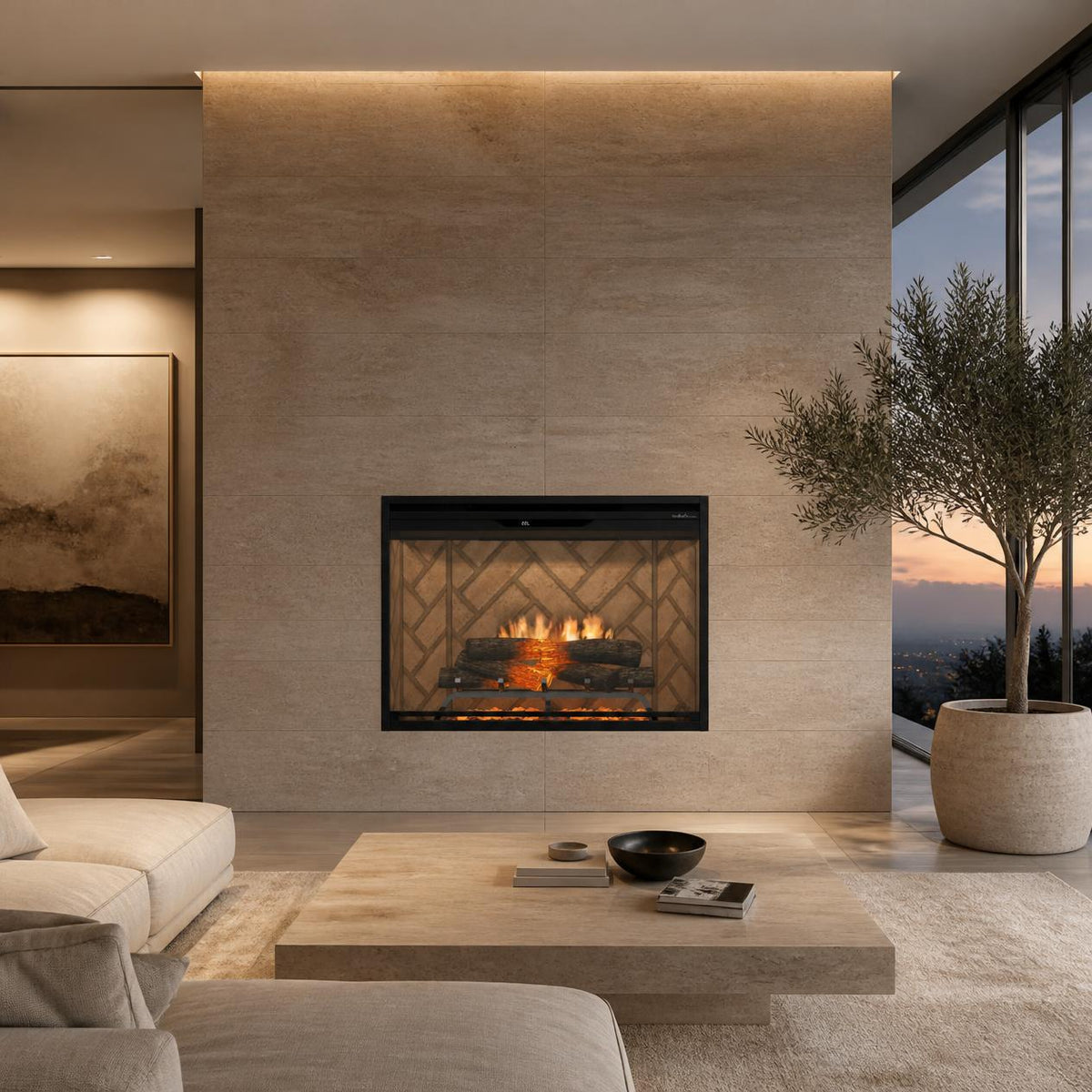 Dimplex Revillusion 36-inch built-in electric fireplace with herringbone brick interior in a modern luxury living room