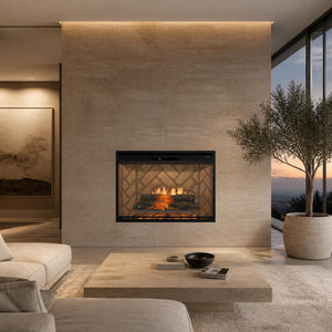 Dimplex Revillusion 36-inch built-in electric fireplace with herringbone brick interior in a modern luxury living room