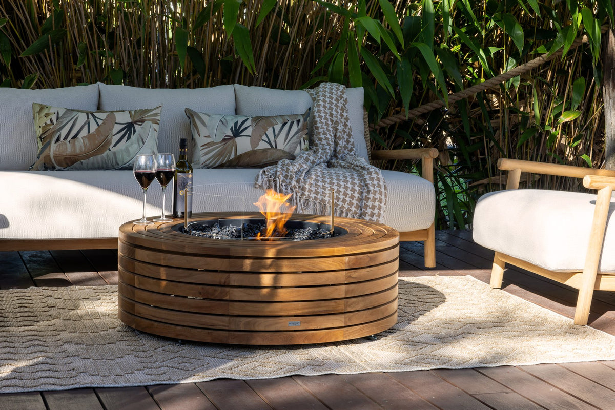 EcoSmart Fire Ark 40 in teak on a residential deck with lounge seating
