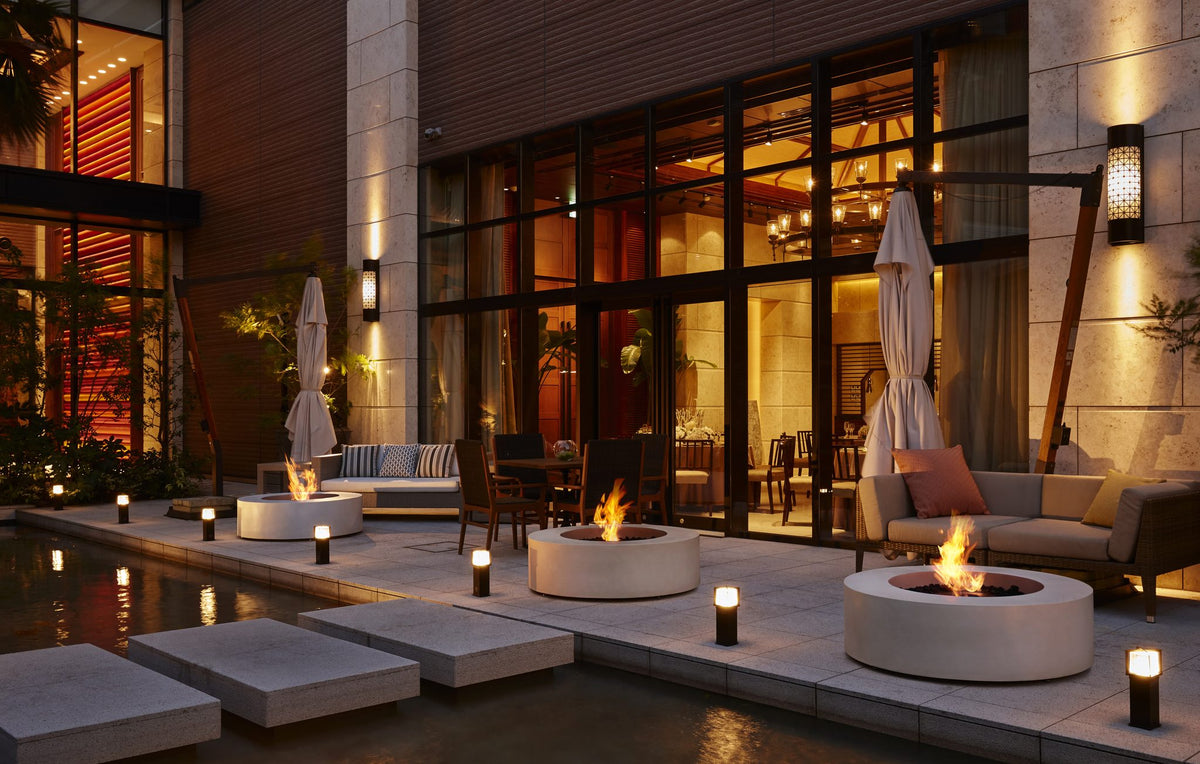 EcoSmart Fire Ark 40 fire tables in a commercial hospitality courtyard