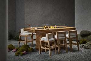 EcoSmart Fire Gin 90 Bar fire table in teak with bar stools and glass fire screen