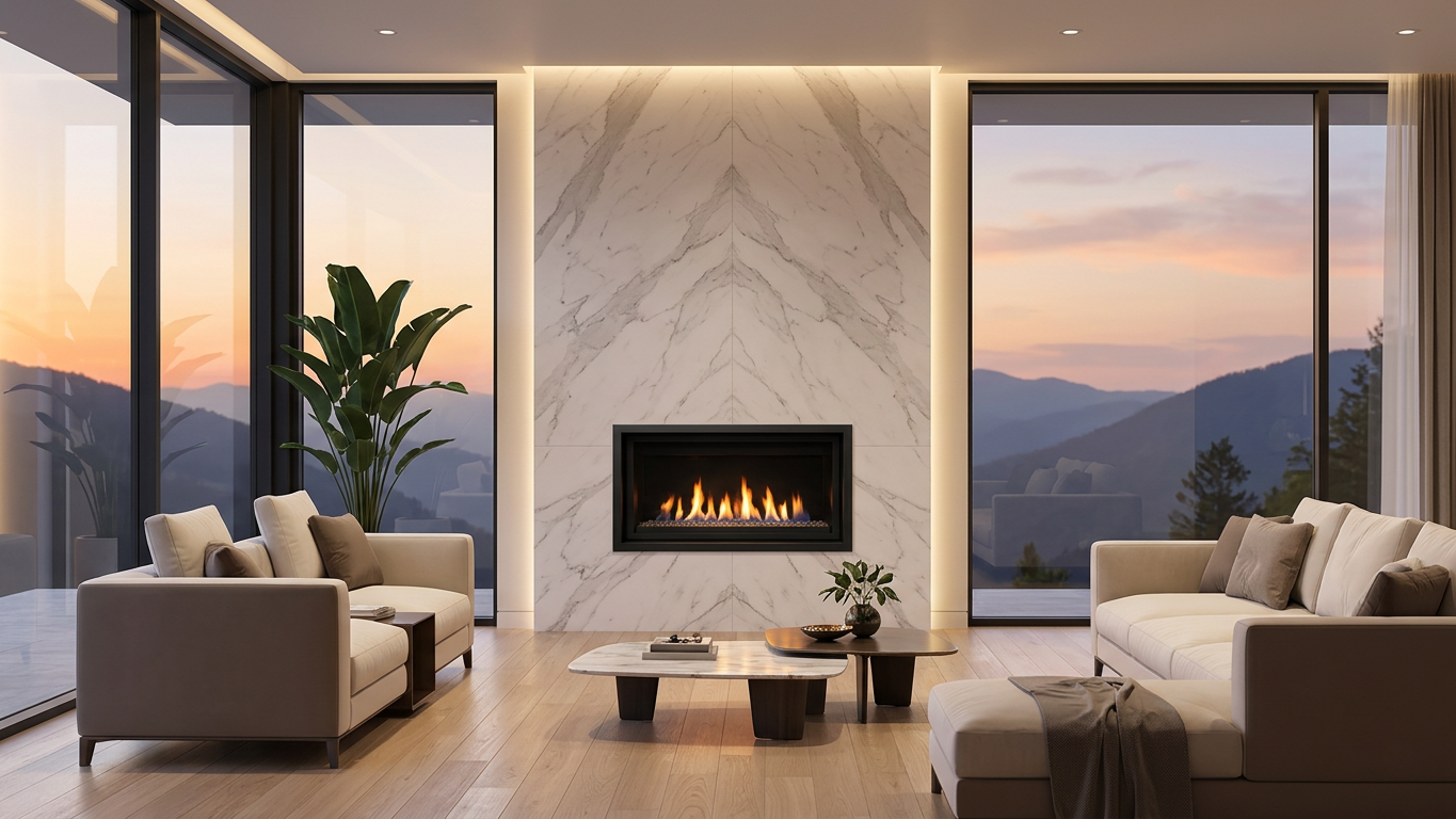 Kingsman ZCVRB3622 36-inch linear gas fireplace in a floor-to-ceiling marble wall in a modern living room